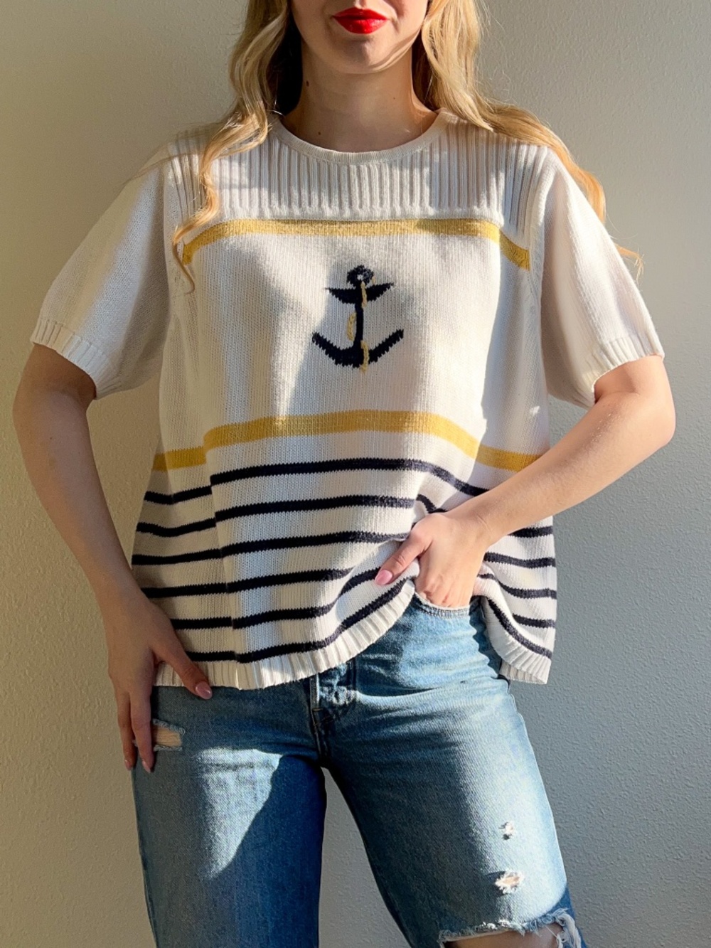 Vintage 1990s Short Sleeve Striped Nautical Sweater (L/XL)